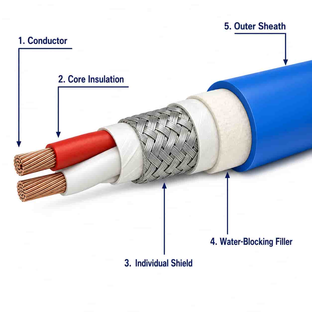 Submersible pump cable construction diagram showing conductor, shield, water-blocking layers, and blue sheath
