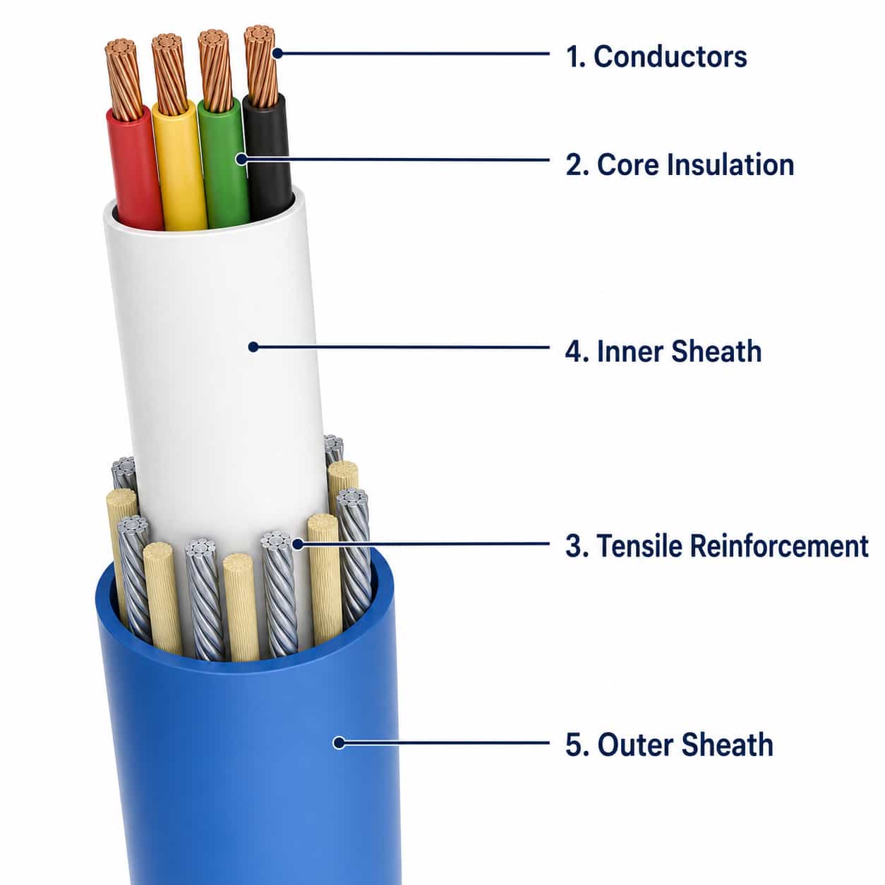 JHS deep-well waterproof cable construction diagram showing conductor, insulation, strain relief, and dual sheath layers