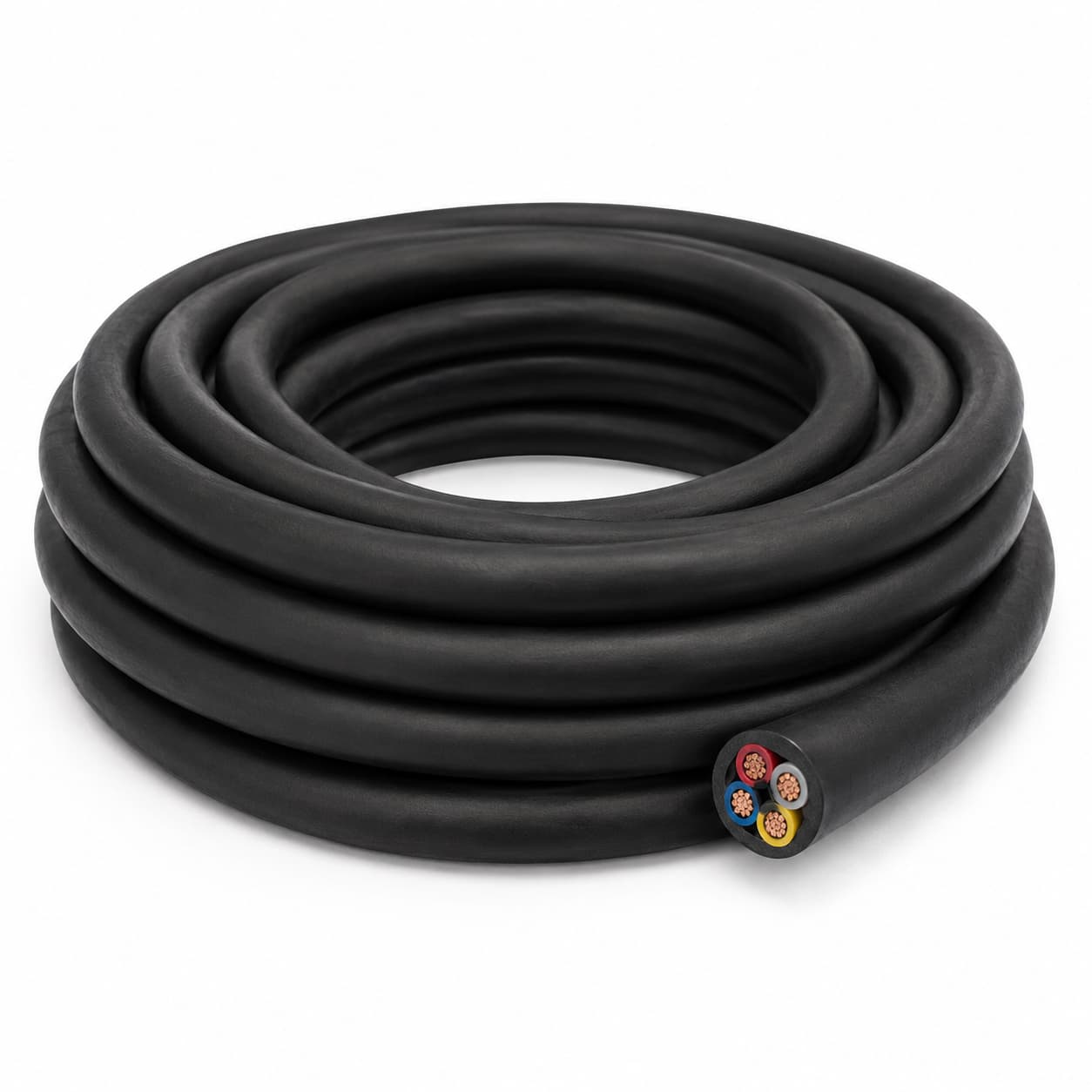 EWKF halogen-free silicone rubber cable, black jacket, coiled on white background