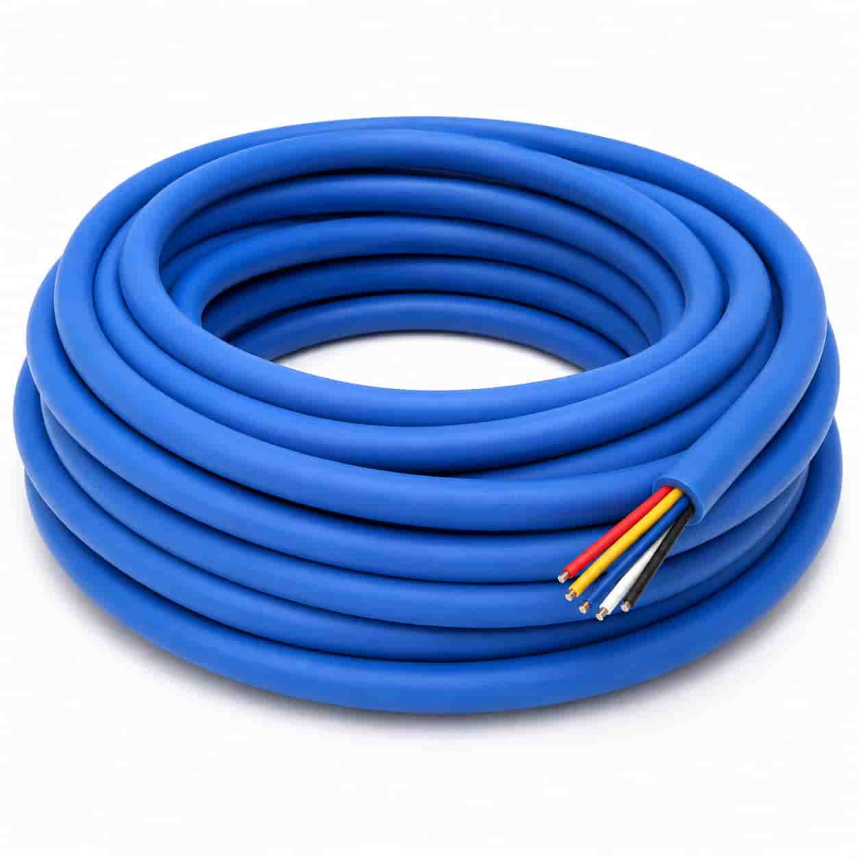 YGZF PTFE-core silicone rubber sheathed cable, blue jacket, coiled on white background