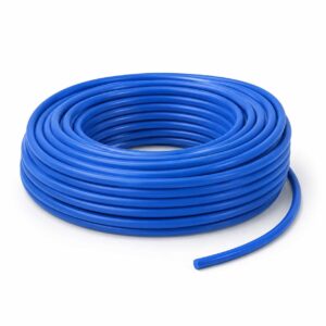 Blue Cat 6 UTP bulk Ethernet cable coil on clean white studio background