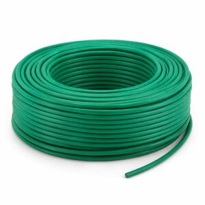 Green Cat 5e shielded Ethernet cable bulk coil on clean white studio background