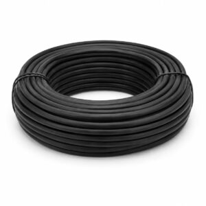 Outdoor Ethernet cable coil with black PE jacket on white studio background for professional network infrastructure projects