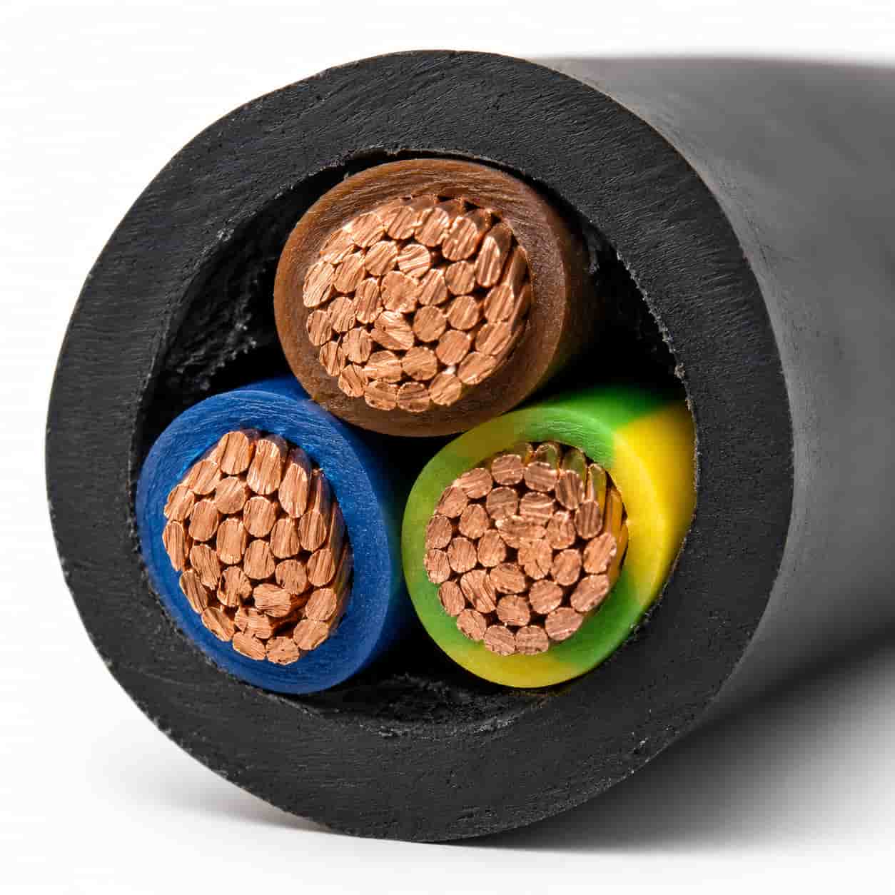 H07RN-F cable cross-section showing copper conductors and rubber layers