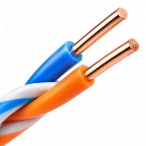 Close-up of bare copper conductor and HDPE insulation on Cat 5 cable