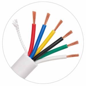 Circular close-up of alarm cable showing color-coded conductor cores