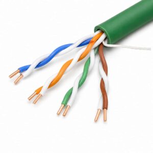 Cat 5e UTP Ethernet cable stripped end showing four twisted pairs bare solid copper conductors ripcord and outer jacket