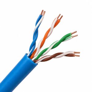 Cat 3 UTP cable stripped end showing twisted pair copper conductors and blue outer jacket
