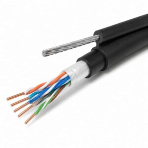 Aerial cable stripped end showing copper conductors insulation layers and supporting messenger wire
