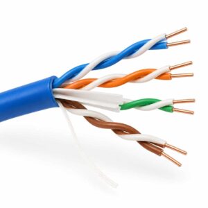 Cat 6 UTP Ethernet cable stripped end showing four twisted pairs bare solid copper conductors separator and ripcord