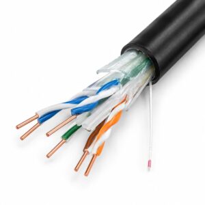 Outdoor cable stripped end showing copper conductor HDPE insulation water blocking layer and protective jacket structure