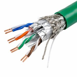Cat 5e S-FTP Ethernet cable cutaway showing aluminum foil and overall braided shield around four twisted pairs
