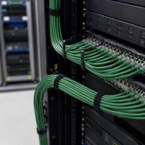 Green Cat 5e UTP Ethernet cables routed through a professional network rack and patch panel installation