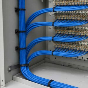 Blue Cat 3 UTP communication cables routed in a professional telephone or low-speed data installation