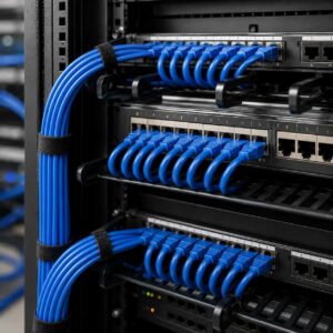 Blue Cat 6 UTP Ethernet cables routed through a professional network rack and patch panel installation