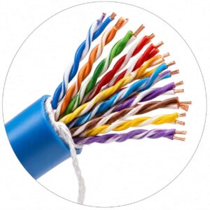 Circular close-up of blue Cat 5 cable showing rainbow-colored twisted copper pairs