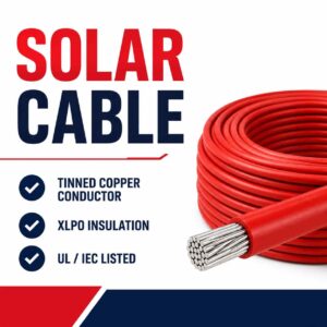 Solar cable feature highlights banner with tinned copper conductor and UL/IEC listed icons