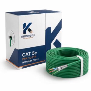 KEXINGYU Cat 5e shielded Ethernet cable with branded packaging and green bulk cable on white background
