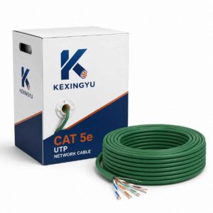 KEXINGYU Cat 5e UTP Ethernet cable with branded bulk packaging box and green cable on white background