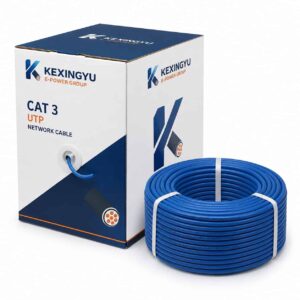 KEXINGYU Cat 3 UTP cable with branded packaging box and blue bulk cable on white background