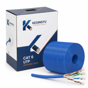 KEXINGYU Cat 6 UTP Ethernet cable with branded bulk dispensing box and blue cable on white background