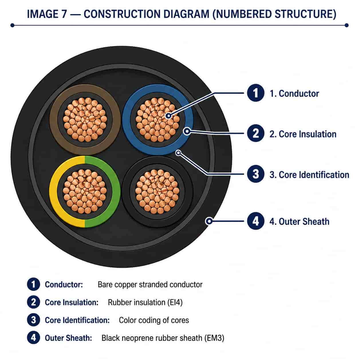 H07RN-F cable construction diagram showing conductor, insulation, and sheath layers