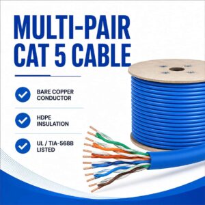 Multi-pair Cat 5 cable feature highlights banner with copper conductor and UL/TIA listed icons