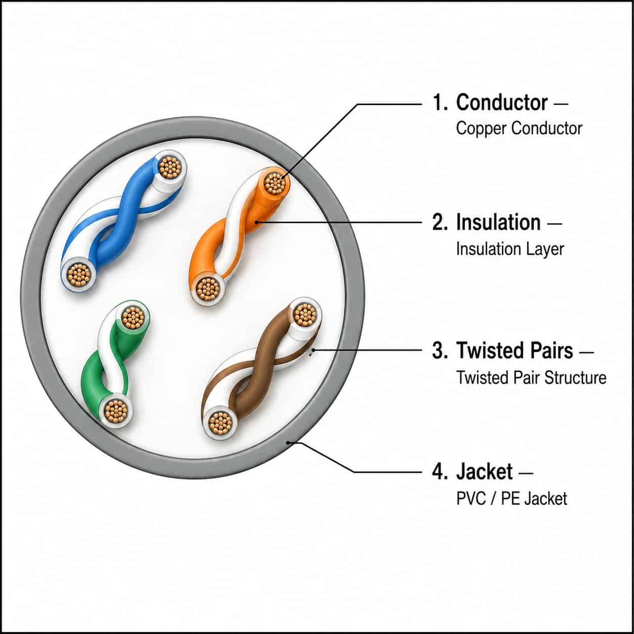 Cat 3 UTP cable cross section showing copper conductor insulation twisted pairs and outer jacket