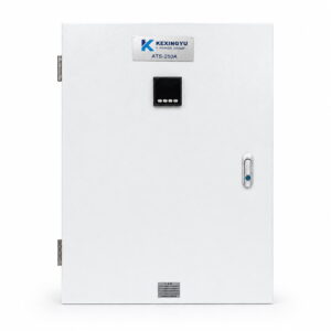 Front view of KEXINGYU dual power ATS cabinet with branded nameplate, wall-mounted