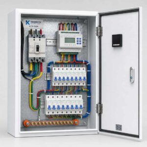Open interior view of ATS control cabinet showing incoming breaker, automatic transfer controller, and outgoing MCB rows