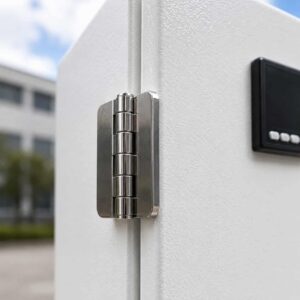 Close-up of stainless steel door hinge on KEXINGYU outdoor ATS cabinet