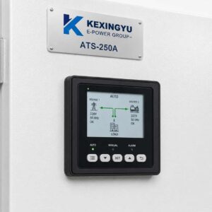 Close-up of automatic transfer switch controller display and KEXINGYU nameplate