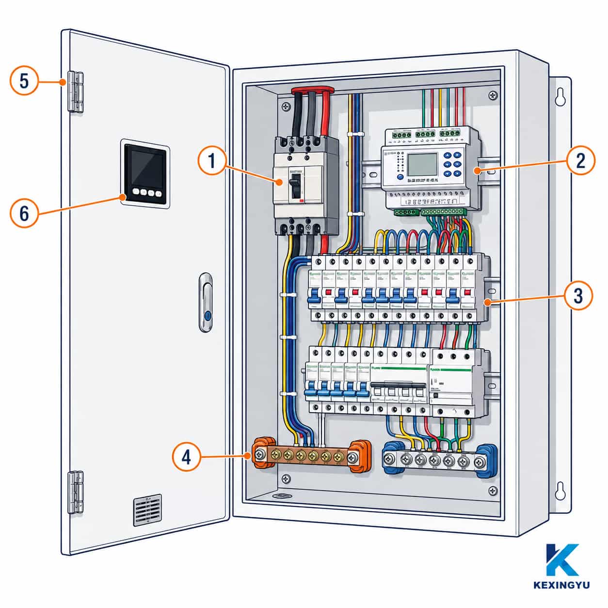 Labeled construction diagram of dual power ATS control cabinet components