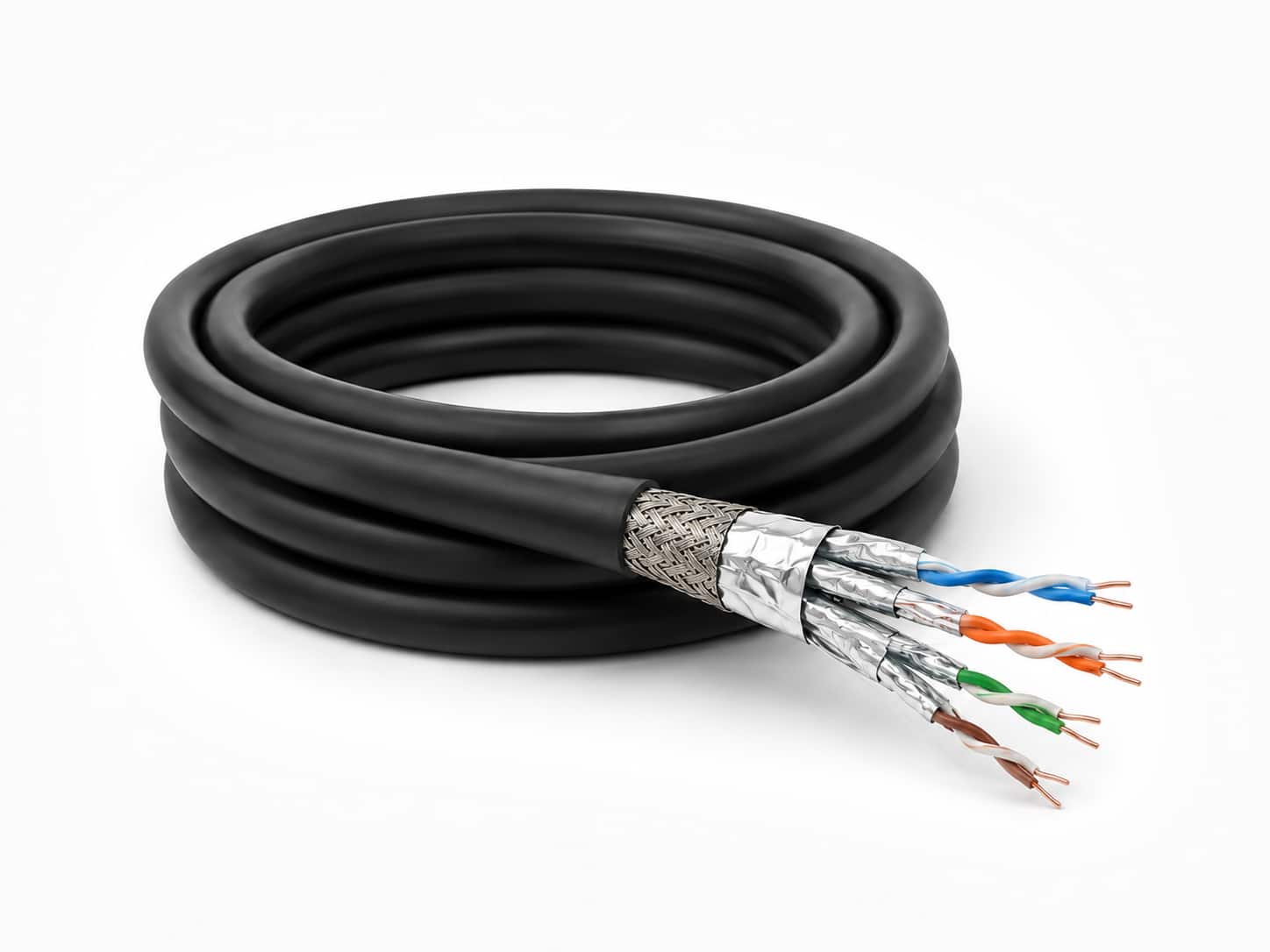 Cat 8 S-FTP Ethernet cable with foil and braided shielding, four twisted pairs and exposed copper conductors