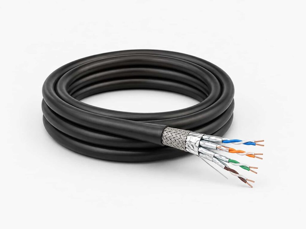 Cat 7 S-FTP shielded Ethernet cable with braided and foil shielding for high-performance structured cabling
