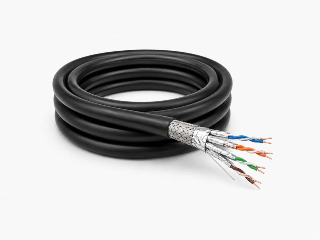 Cat 6 shielded Ethernet cable with foil and braided shielding options and four twisted copper pairs