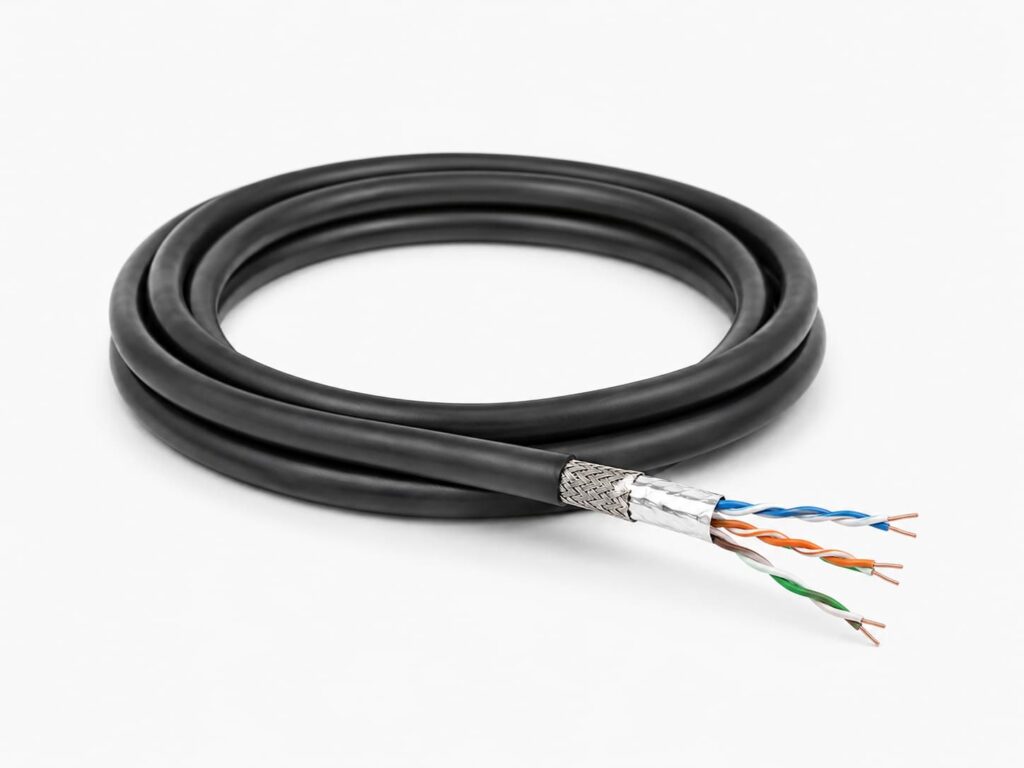 Cat 5e shielded Ethernet cable with foil shielding and twisted copper pairs for network and telecom applications