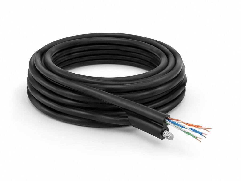 Aerial outdoor data cable with twisted network pairs and integrated messenger wire for suspended installations