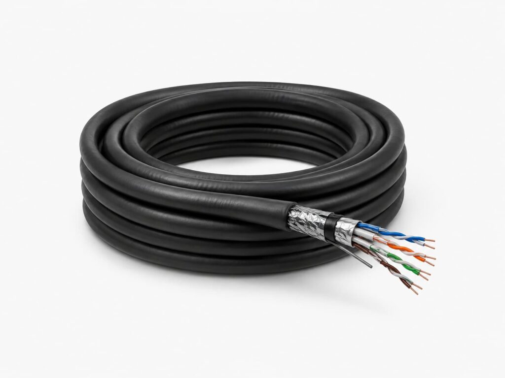 Outdoor Ethernet data cable with black weather-resistant jacket and twisted copper pairs for external network installations