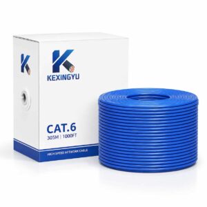 KEXINGYU Cat 6 UTP 305m blue Ethernet cable coil with branded bulk cable packaging on white background