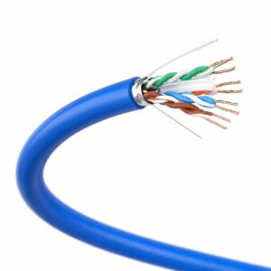 Close-up of blue Cat 6 UTP cable showing four twisted copper pairs, insulation and internal separator