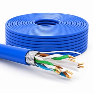 Blue Cat 6 UTP Ethernet cable coil with exposed twisted-pair copper conductors on a clean white background