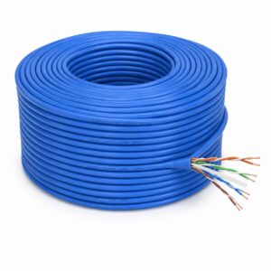 Blue Cat 6 UTP Ethernet cable coil with cutaway end showing twisted copper pairs and internal cable construction
