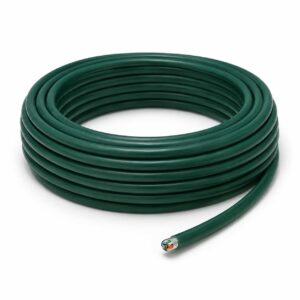 Green Cat 7 S-FTP bulk Ethernet cable coil on white studio background