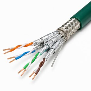 Cat 7 S-FTP Ethernet cable cutaway showing twisted pairs aluminum foil and braided shielding