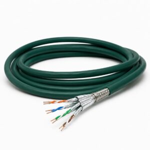 Cat 7 S-FTP Ethernet cable coil with exposed copper pairs foil and braided shield