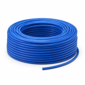 Blue Cat 6A U/UTP bulk Ethernet cable coil on clean white studio background
