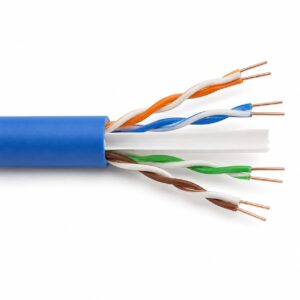 Cat 6A U/UTP Ethernet cable stripped end showing four color-coded twisted pairs, bare copper conductors and internal separator