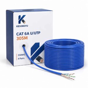 KEXINGYU Cat 6A U/UTP Ethernet cable with branded 305m packaging box and blue bulk cable coil on white background