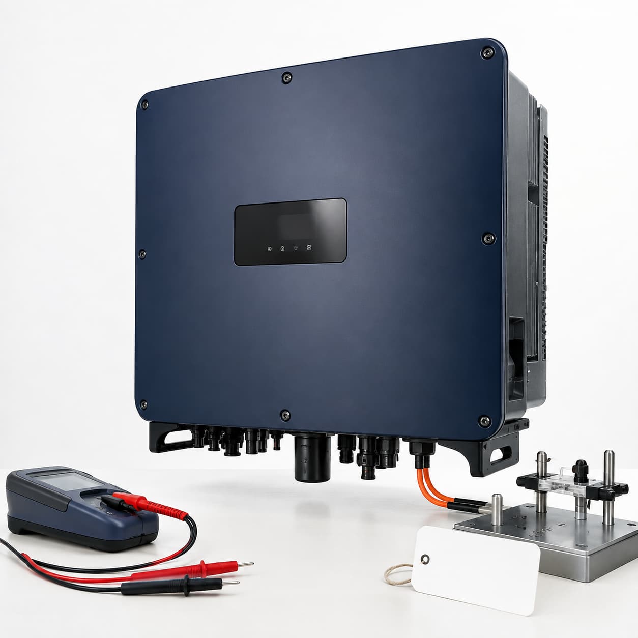 Modern solar inverter undergoing manufacturing quality verification at a Chinese factory